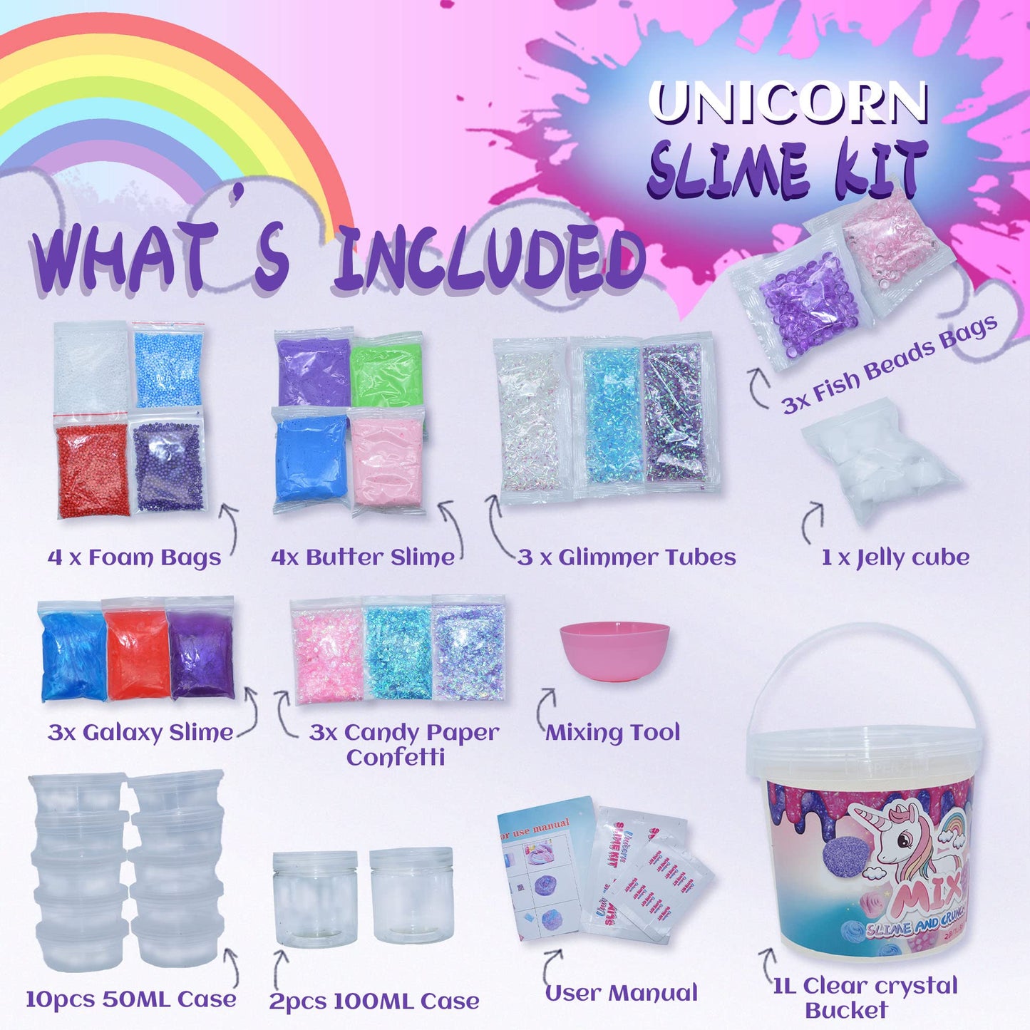 Crystal Unicorn Slime Kit for Girls 4-12: All-in-One Set with Butter, Glimmer Crunchy, Galaxy, Foam & Jelly Beans Slime - Perfec
