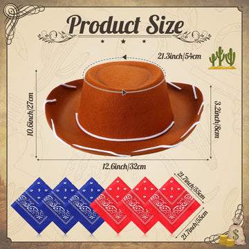 Unittype 18 Sets Cowboy Hats and Bandanas Bulk Kids Western Cowboy Costume Accessories Kids Party Supplies(Brown, Red, Blue)