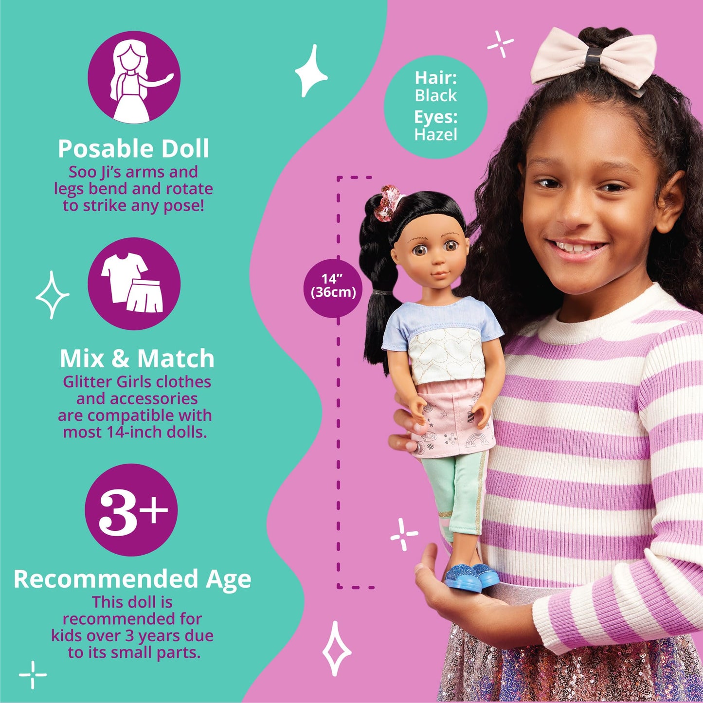 Glitter Girls – Soo Ji 14-Inch Poseable Fashion Doll – Black Hair & Hazel Eyes —Hearts Outfit With Blue Glitter Shoes – Toys, Clothes, And Accessories For Kids Ages 3+