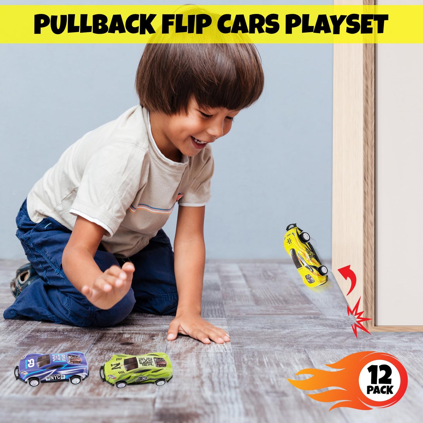 ArtCreativity Pullback Flip Stunt Cars for Boys (Set of 12) Pullback Diecast Race Cars for Kids in 8 Cool Designs - Retro Toy Ca
