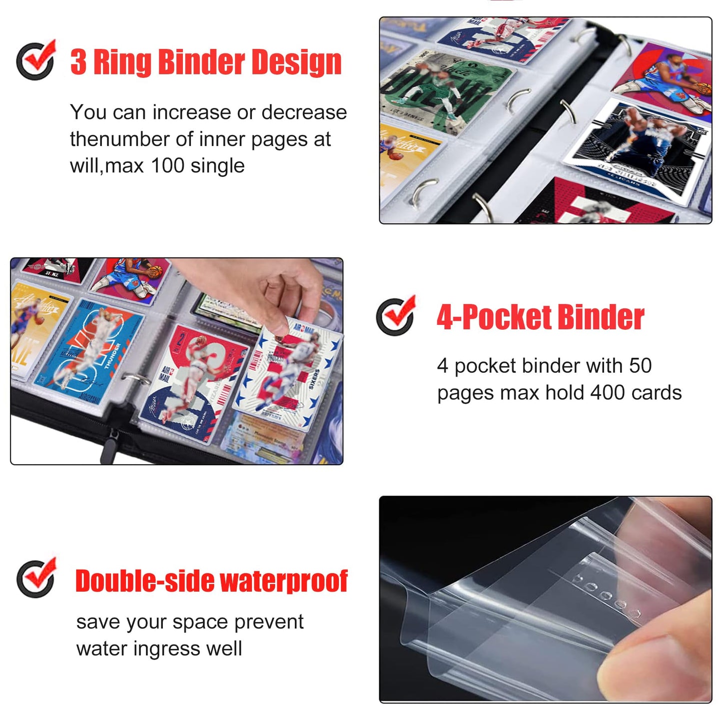400 Pockets Basketball Card Binder for Basketball Trading Cards Collectors Portable Waterproof Card Storage Bag with Removable Sleeves Compatible with Sports Cards
