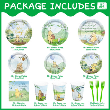 150Pcs Winnie Bear Baby Shower Table Decorations Pooh Plates Napkins Birthday Party Supplies Paper Tableware Set Cups Forks Wate