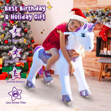 PonyCycle Ride on Unicorn Toy for Kids Age 4-8, Size 4, Purple, Model E413, Plush Animal Giddy Up Riding Pony