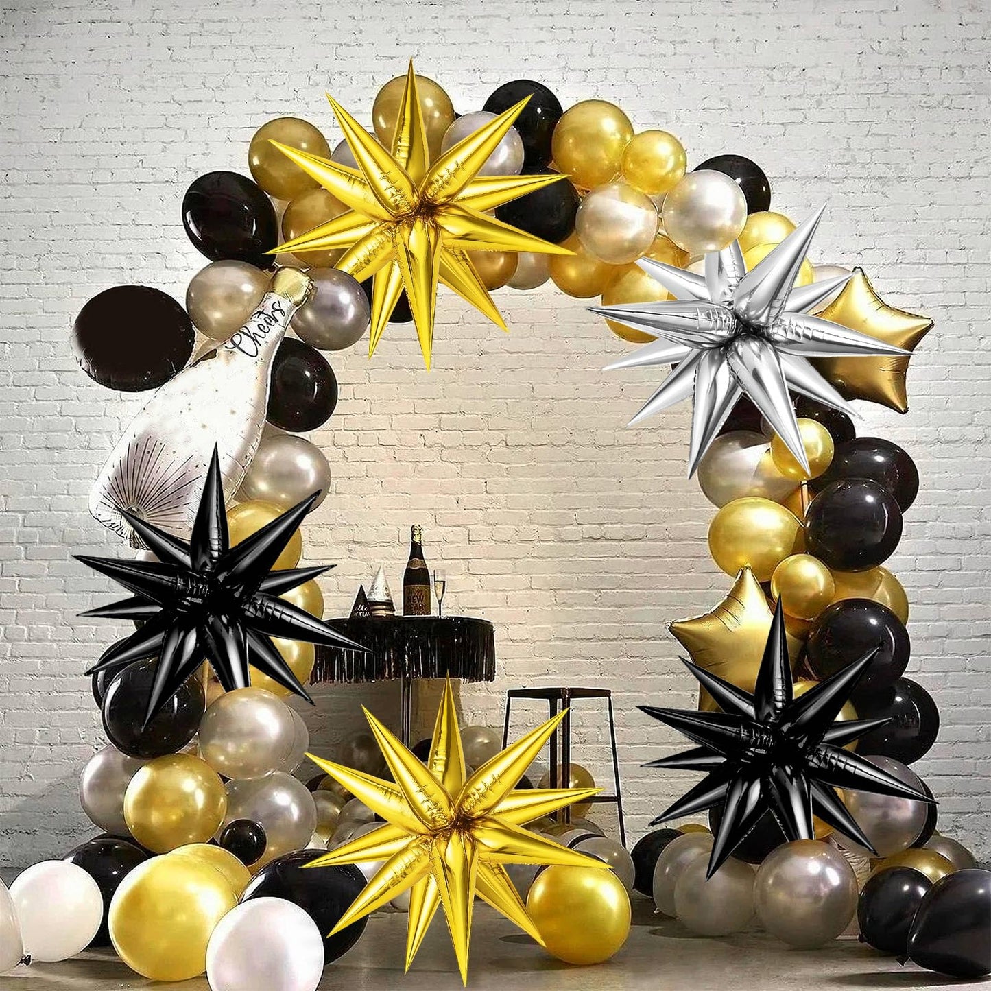 72Pcs Gold, Silver, Black Star Balloons, Big 26 Inch Star Cone Balloons, Metallic Starburst Cone Mylar Balloons, Spike Balloons