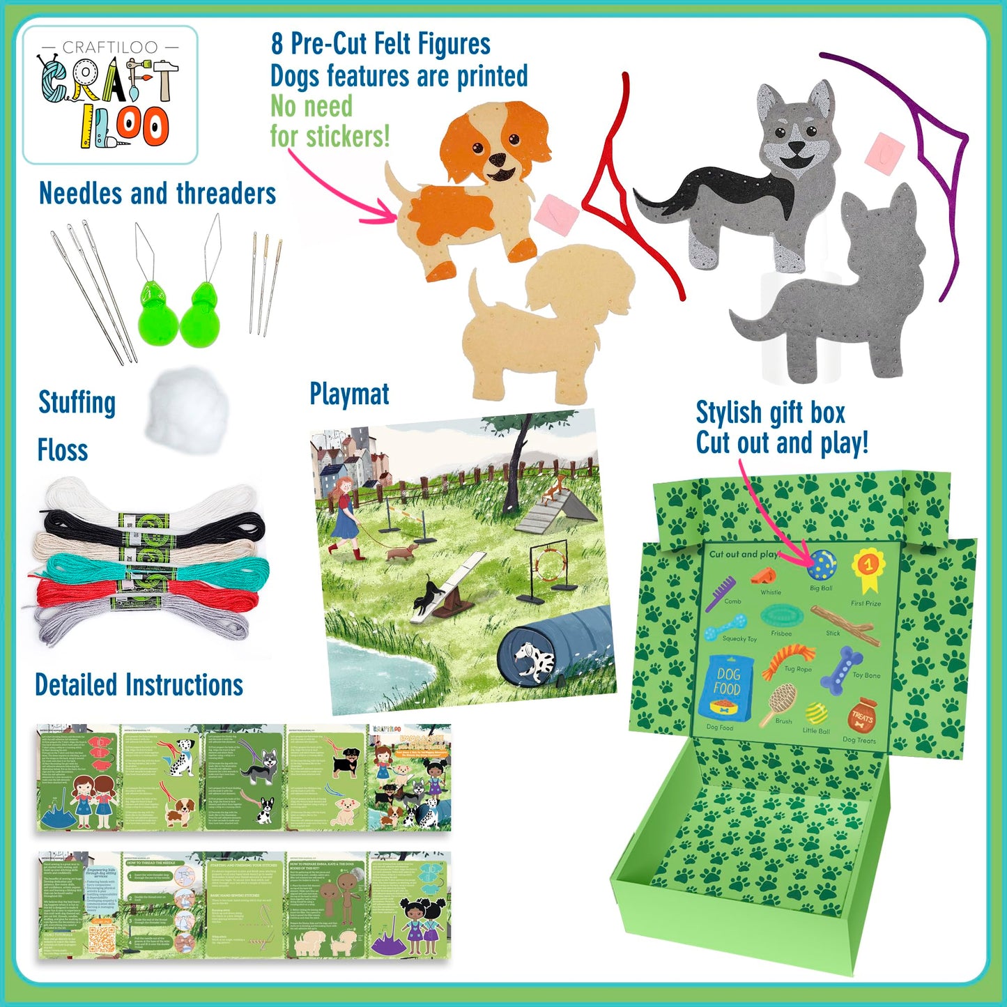 Craftiloo 8 Pre-Cut Dogs Stuffed Animal Fun Kids Sewing Kit For Kids Ages 8-12 Children Beginners Sewing Kit Kid Puppy Crafts Fe