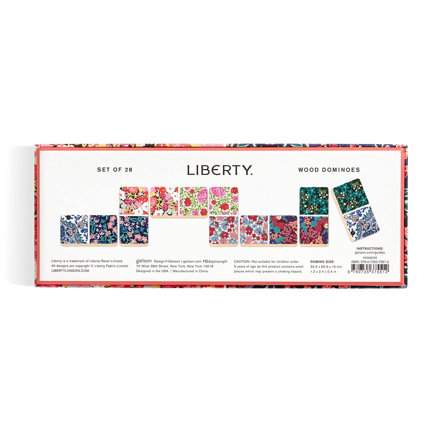 Galison Liberty Domino Set - 28 Double Sided Colorful Floral Patterned Wooden Domino Pieces