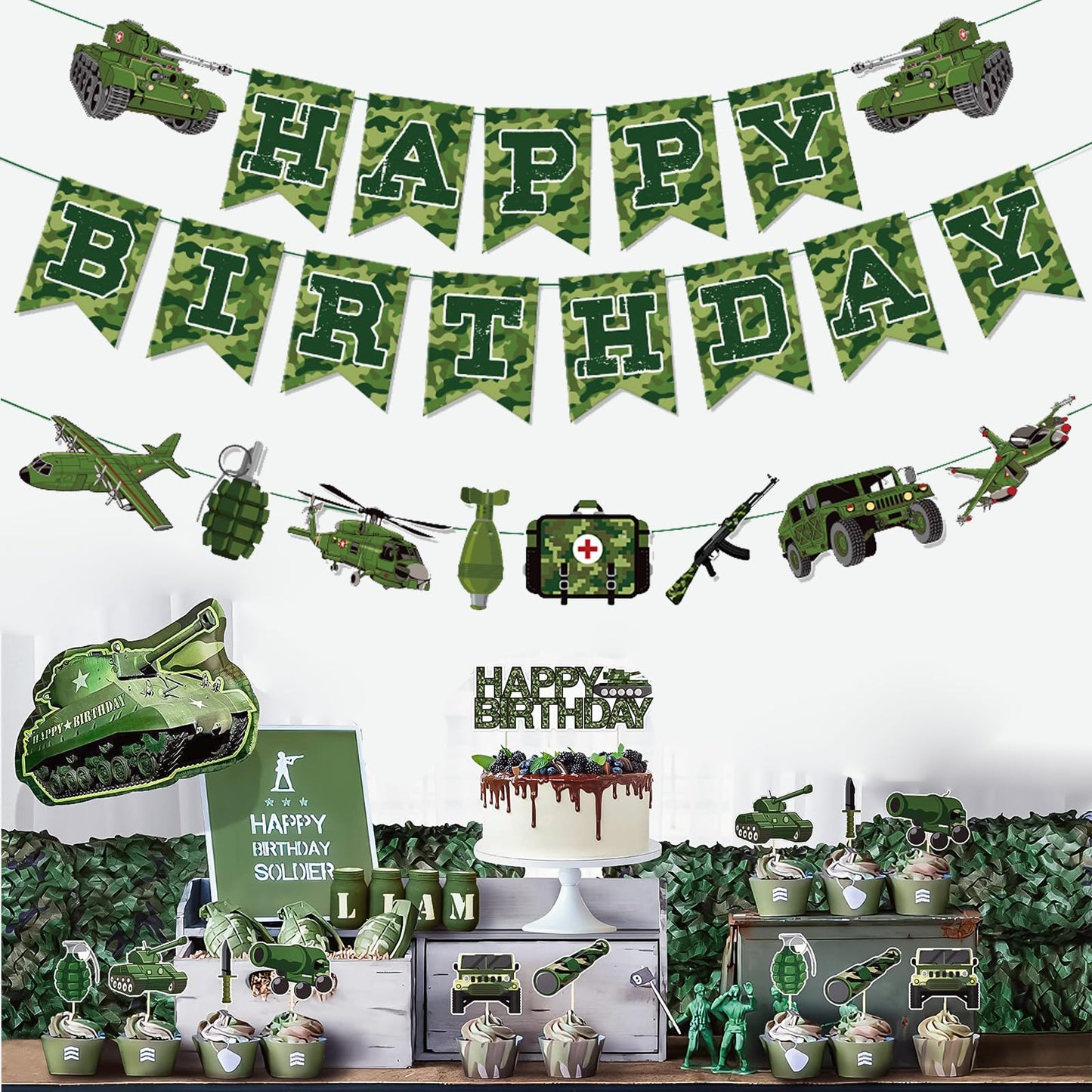 Zwiebeco Birthday Party Decoration Supplies - Green Camo Happy Birthday Banner Sign Hanging Green Paper Bunting Garland Banner F