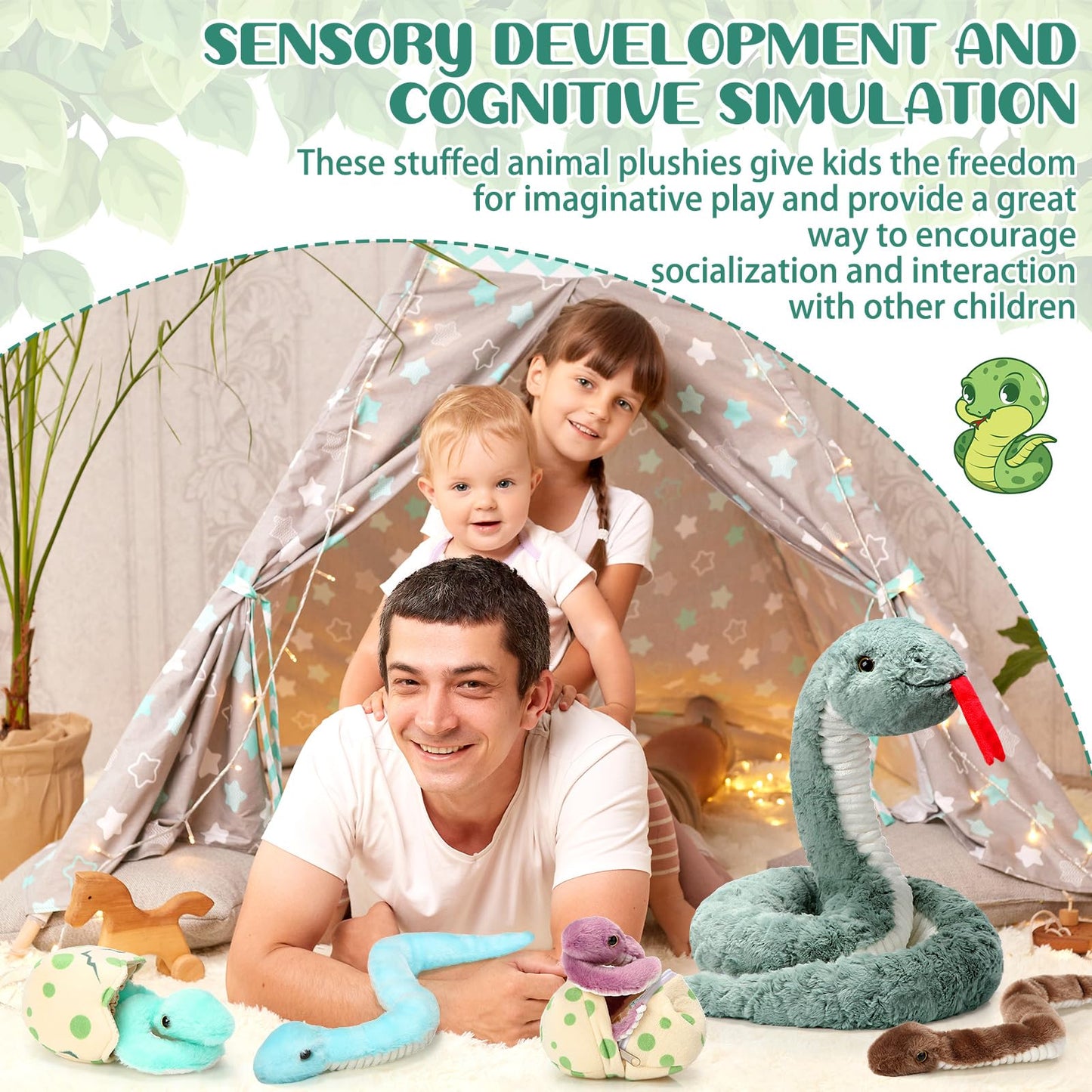 Leitee 7 Pcs Snake Plush Toy Set 63 Inch Large Mommy Snake Stuffed Animal With Cute Baby And Eggs In Zippered Belly For Kids Birthday Forest Party Favors Prank Props Bedroom Decors(Vivid Style)