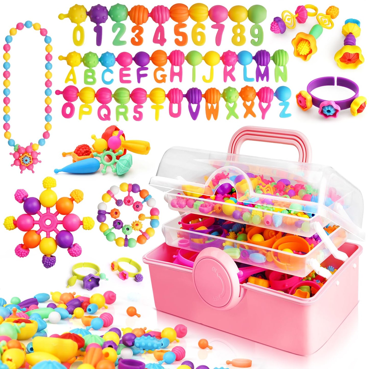 Funzbo 850Pcs Pop Beads - Jewelry Making Kit For 3 4 5 6 7 8 Year Old Little Girls, Arts And Crafts Toys For Kids, Necklace Bracelet Ring Hairband Creativity Snap Set Easter Holidays Birthday Gifts