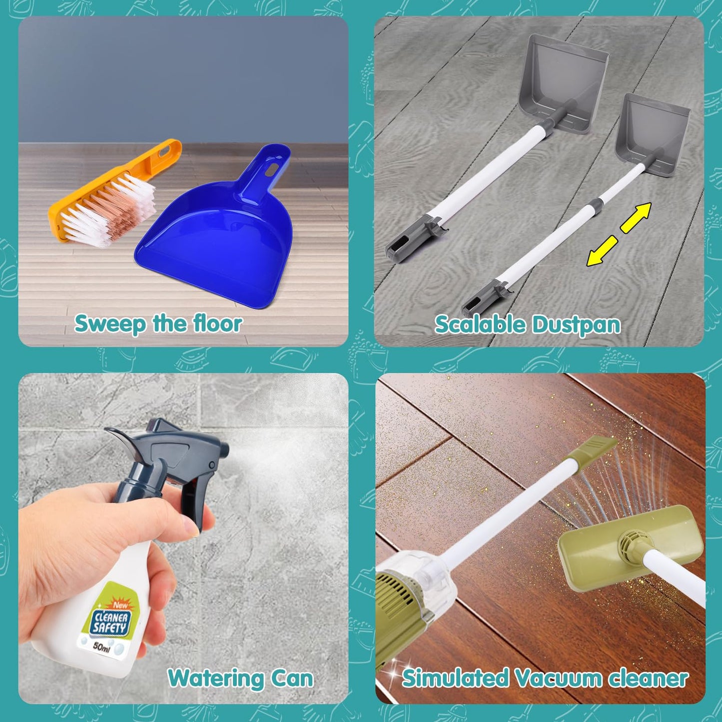 Kids Cleaning Set For Toddlers Pretend Play Housekeeping Supplies Kits With Real Working Vacuum Cleaner, Broom, Spray Bottle, Du