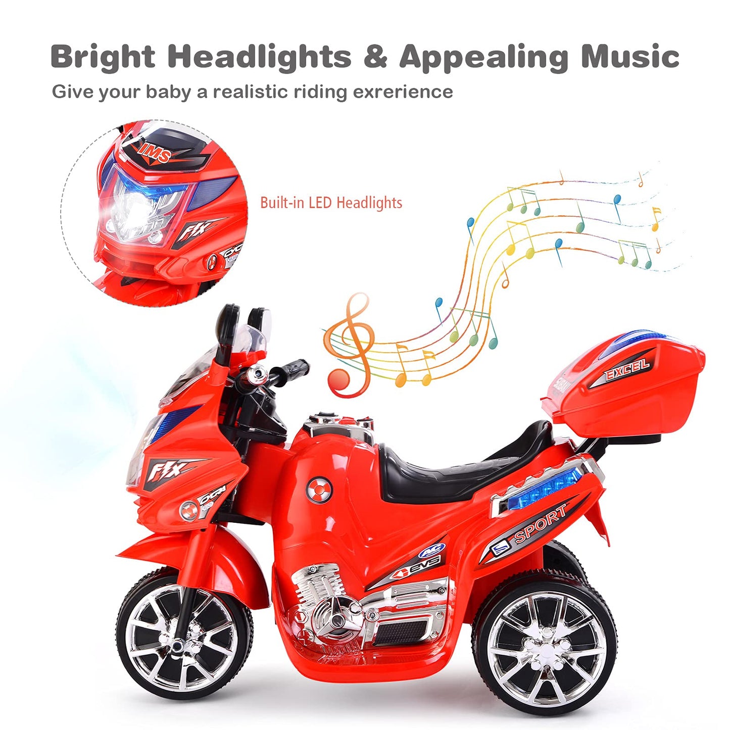 HONEY JOY Kids Motorcycle, 6V Electric Motorcycle for Kids, LED Headlights, Music, Pedal, Storage Trunk, Horn, 3-Wheeler Ride On
