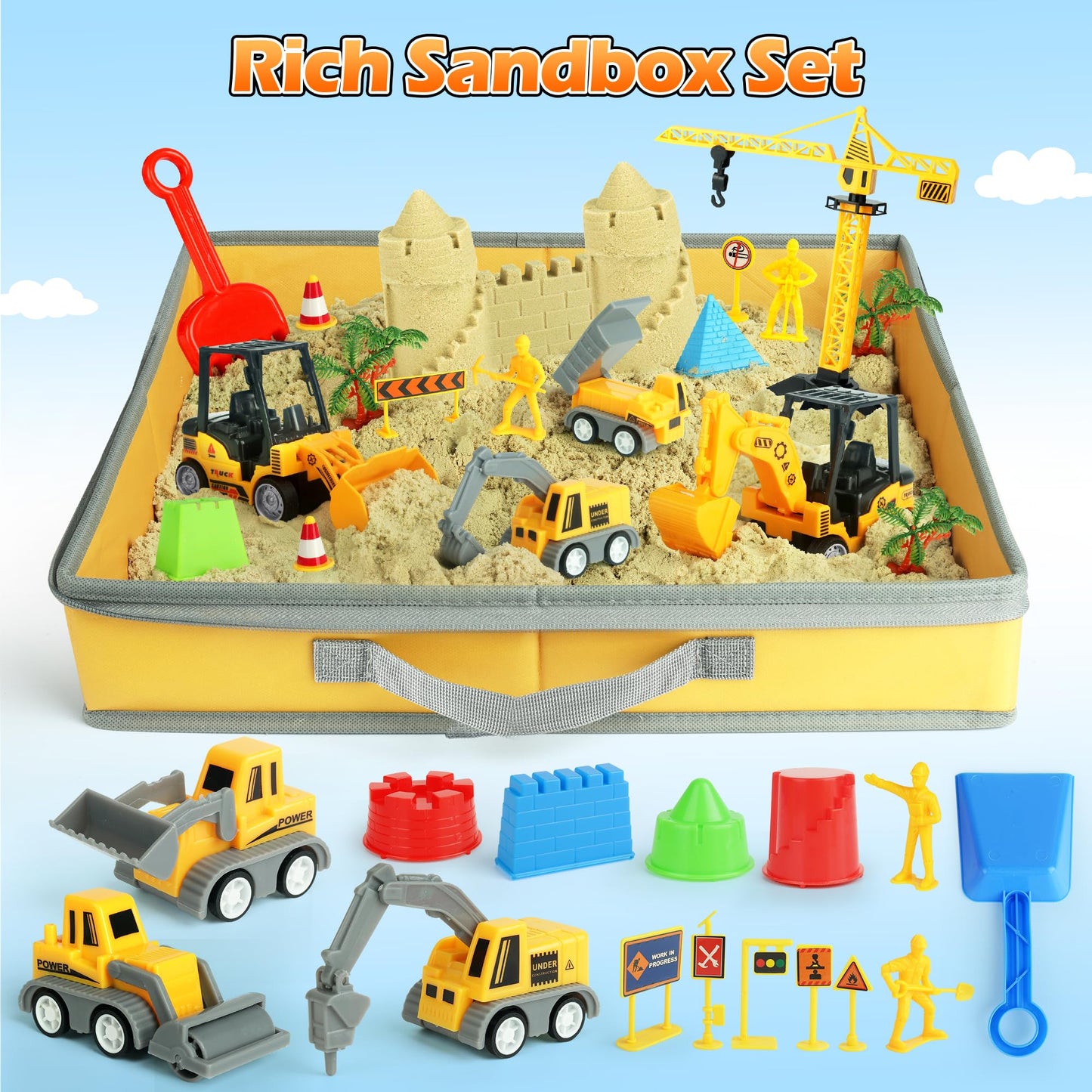 Sand Construction Site Kit - 37 Pcs Play Sand Art Kit With 8 Construction Trucks, Folding Sandbox, 2.2 Lbs Magic Sand, Crane, Wo