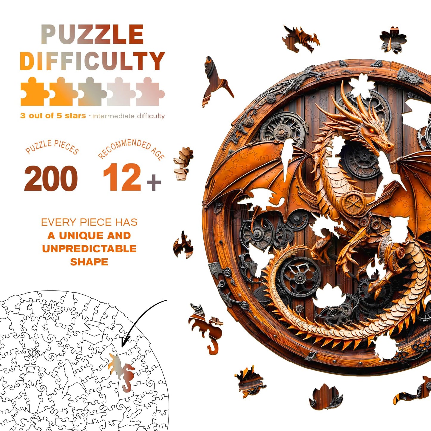 Wooden Dragon Puzzles - Unique Shaped Wooden Jigsaw Puzzles for Adults - Mechanical Dragon Wooden Puzzles - Animal Wooden Puzzle
