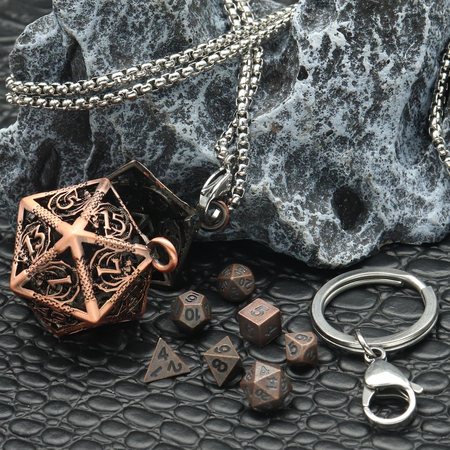 PJOY Mini Dice Set Tiny DND Dice with Hollow D20 Cage Portable 7PCS D&D Keychain Small Metal Dice Set for Role Playing Dice Game