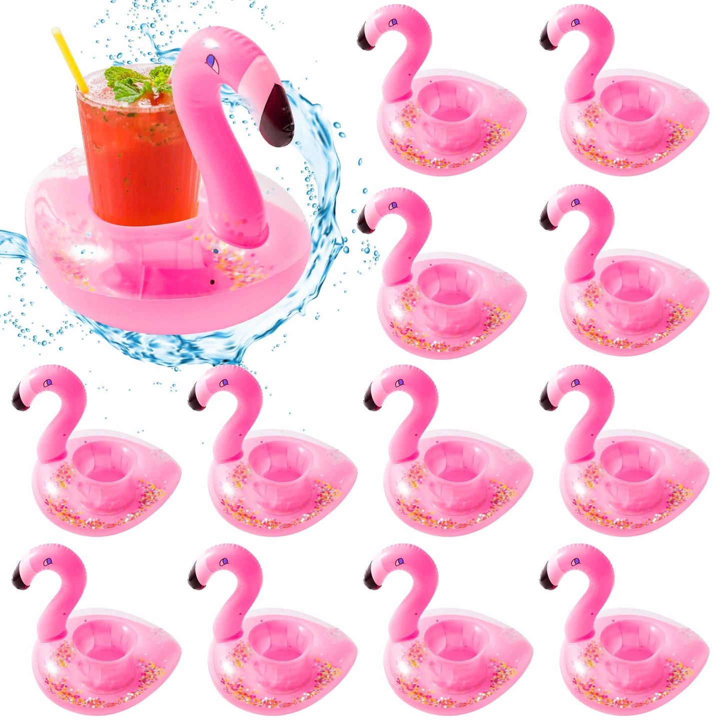Grobro7 12Pcs Inflatable Glitter Flamingo Drink Holder Sparkling Confetti Drink Pool Floats Coasters Swimming Floating Cup Holde