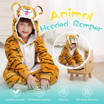 Michley Animal Hooded Romper Kids Flannel Halloween Pajamas Onesie 3-12T For Autumn Winter, Tiger, 7-8T, Size120