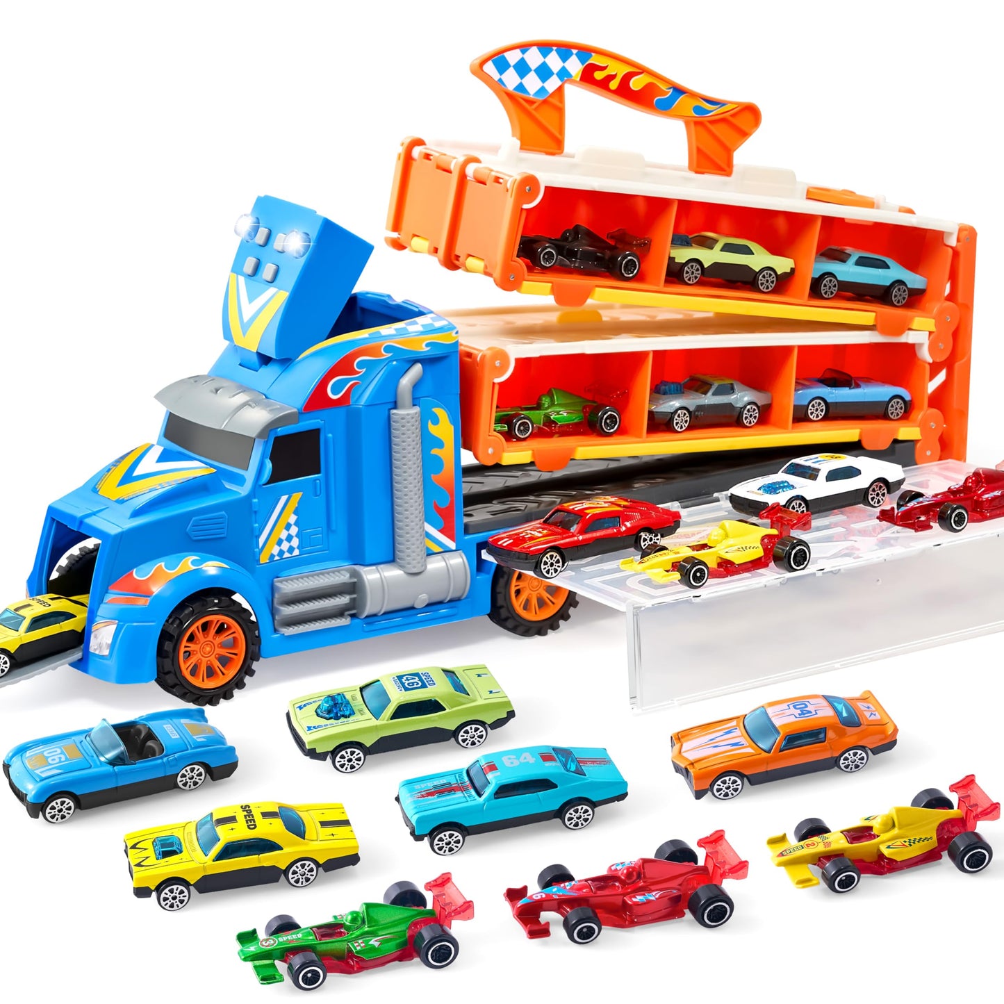 Joyin Toy Truck For Kids,5-Ft Race Track And 12 Die-Cast Metal Toy Cars, Racing Car With Lights & Sounds, Carrier Truck Playset