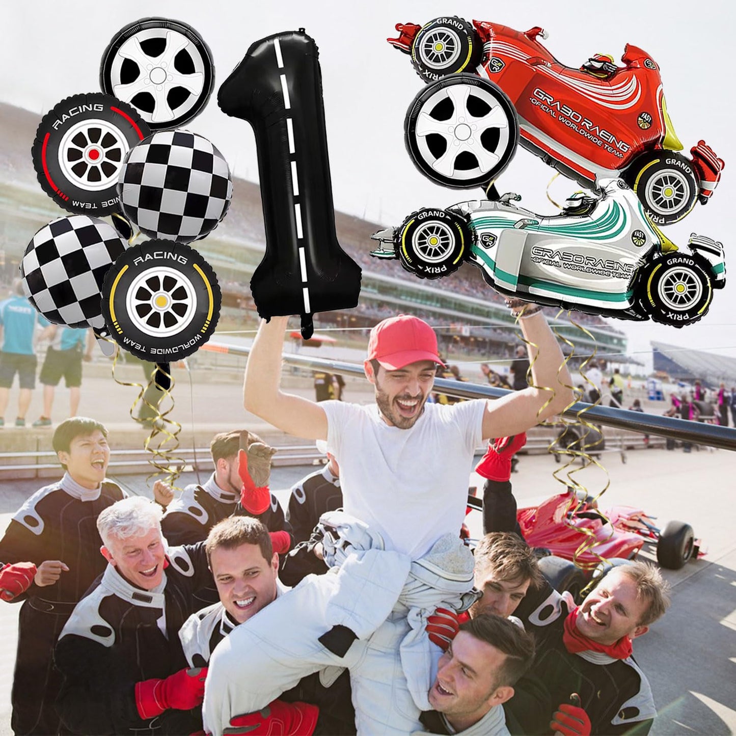 Number 1 Race Car Balloons, 43 Inch Race Car Party Decorations, Wheel Tire Balloons, Black And White Checkered Foil Balloons, Ca
