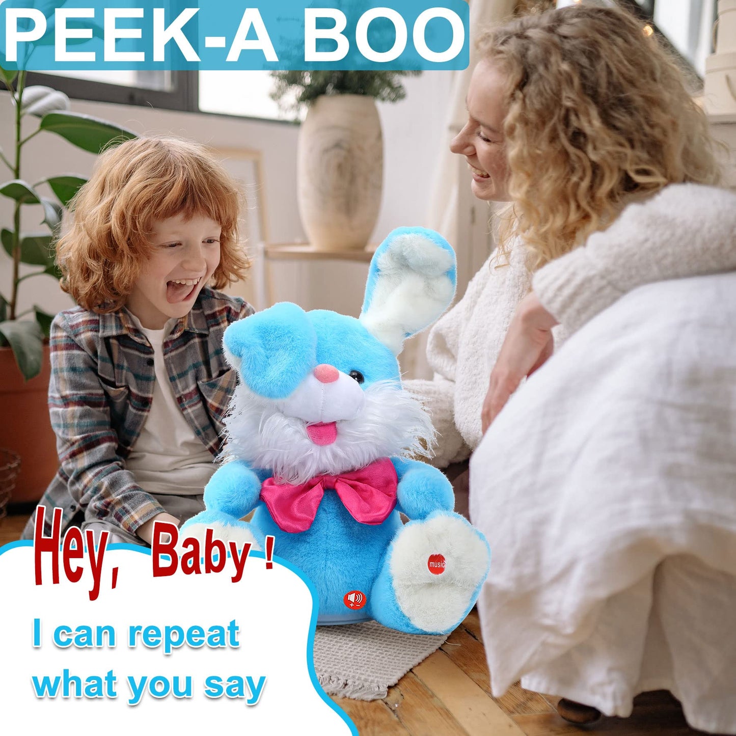 Miaodam Bunny Stuffed Animal, Children Songs & Lullabies Peek-A Boo Toys Repeats What You Say With Floppy Ears, Singing Stuffed Animals Birthday Gifts 6 7 8 9 10 12 Month 1 Year Old Boy Girl