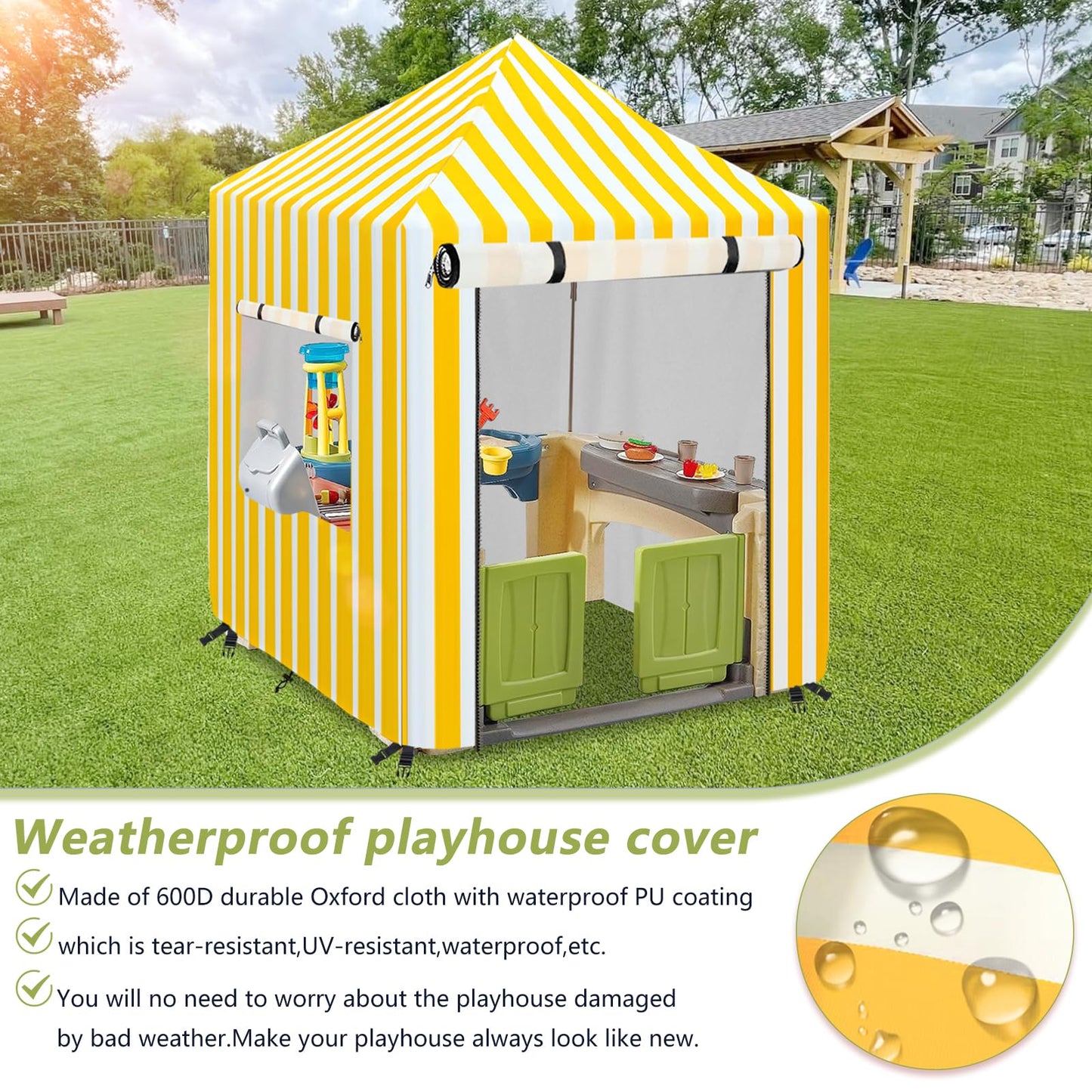 Outdoor Kids Playhouse Cover,Waterproof Cover Suitable For Step2 Playhouse.Yellow And White Striped Full Coverage Cover(56'' W X