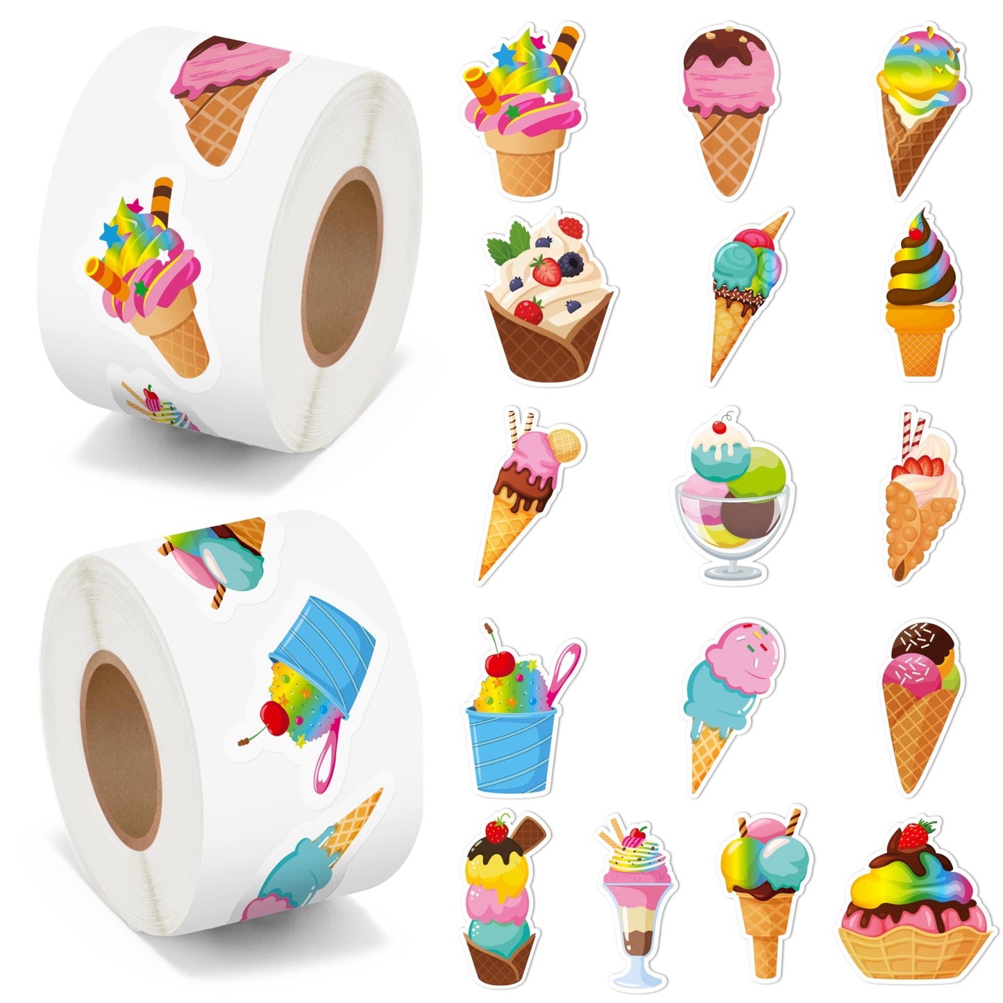 Beyumi Summer Ice Cream Stickers - 1000Pcs Ice Cream Stickers In 2 Rolls Waterproof Vinyl Sweets Themed Cute Dessert Decals For Gift Laptop Bottle Scrapbooking Luggage Computer Envelope Decor For Kids