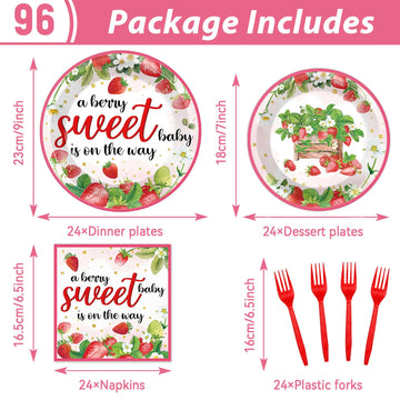 Gisgfim 96Pcs Strawberry Baby Shower Party Supplies Sweet Berry Paper Plates Napkins Summer Strawberry Birthday Tableware Set Fo