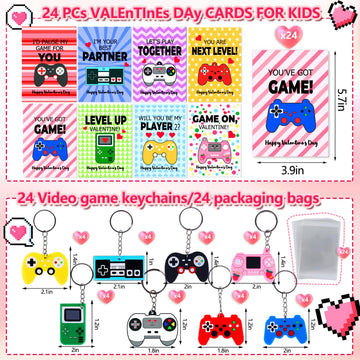 Japior 24 Pack Valentines Day Cards Gifts for Classroom - Fun Video Games Keychains with Class Exchange Gifts Included Valentine