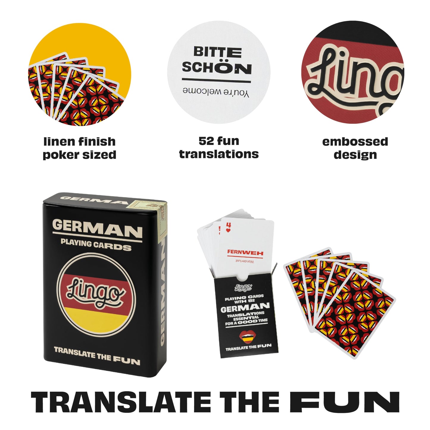 Lingo German Playing Cards | Travel Flashcards in Tin Box | 52 Essential Translations | Medium | Black