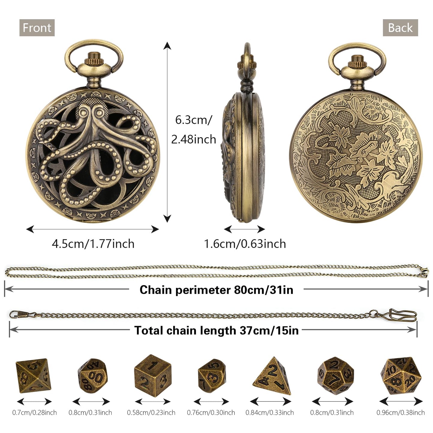 Mini DND Dice Set Steampunk Hollow Octopus Pocket Watch Shell Case, 7pcs Polyhedral Metal D&D Dice Set, DND Gifts with Gift Box
