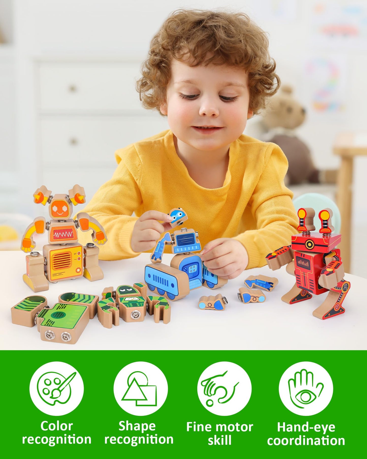 Coogam Fine Motor Building Robot Blocks For 3 4 5 Years Old Kids, Wooden Snap Together Robot Builders, Stem Take Apart Robot Playset, Educational Learning Toy Gift For Boys Girls