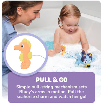 Toomies Bluey Swimming Bath Toy - Bluey Toys Includes Attached Seahorse Baby Toy And Swims On Back Or Front - Toddler Bath Toys And Water Toys For Outdoor Play – Ages 18 Months And Up