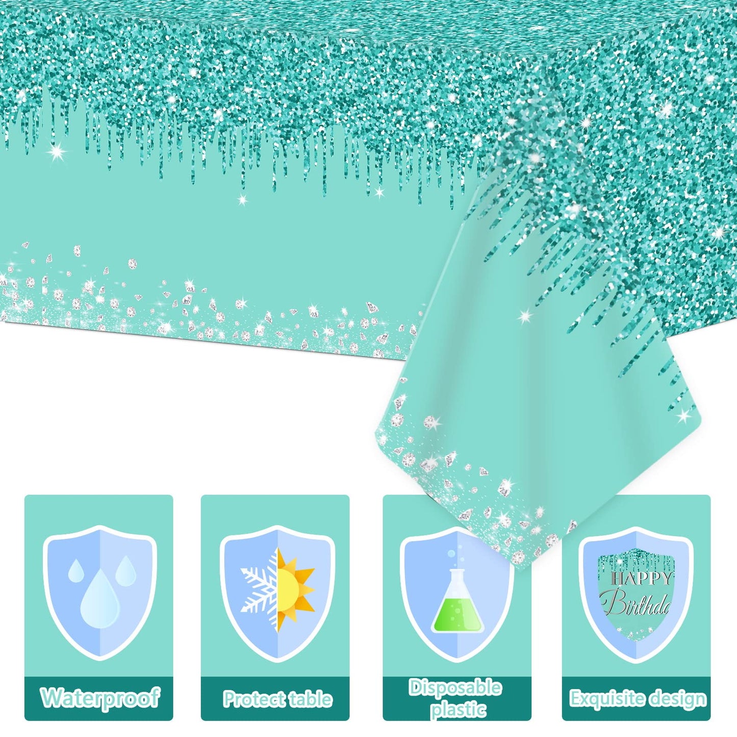 3 Pieces Teal And Silver Tablecloths For Happy Birthday Party Decoration Plastic Disposable Breakfast Blue Birthday Theme Table Covers For Girl Women Silver Glitter Birthday Party Supply, 54X108 Inch