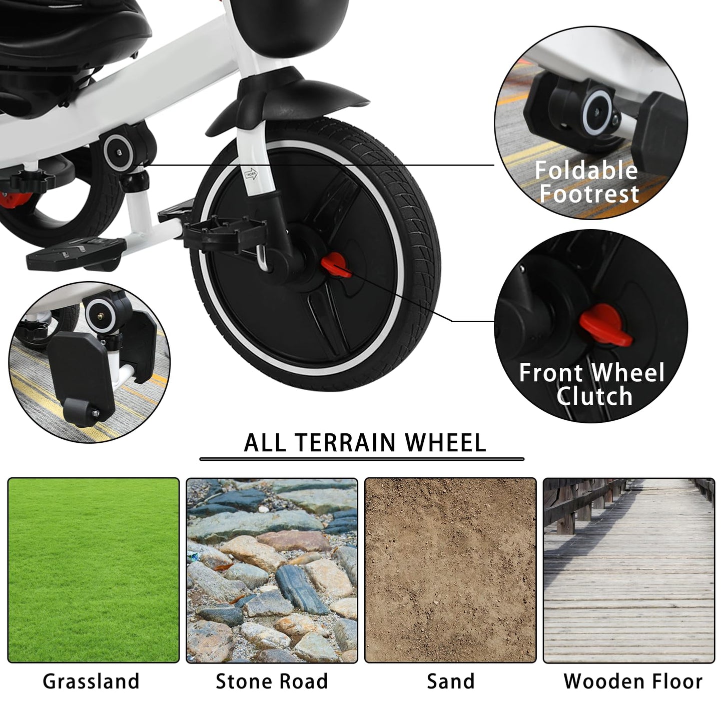 UBRAVOO 6-in-1 Baby Tricycle, Carbon Steel, White, Adjustable Canopy, Safety Harness, Model HLF-6018