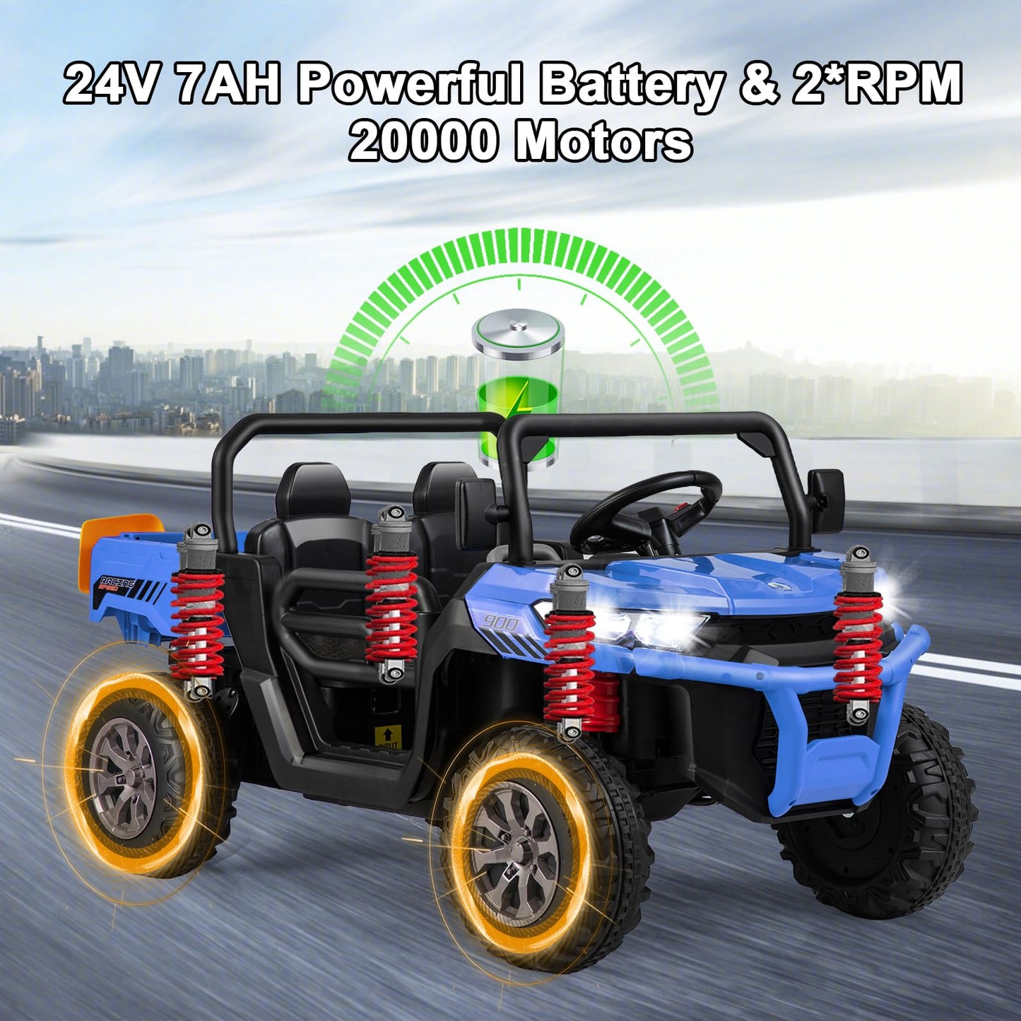 Costzon 24V Ride On Car, 2-Seater Electric Dump Truck W/Remote Control, Dump Bed & Shovel, 4 Spring Suspensions, Kids Utv W/Dual Rpm20000 Motors, Music, Wireless Design, Electric Car For Kids (Blue)
