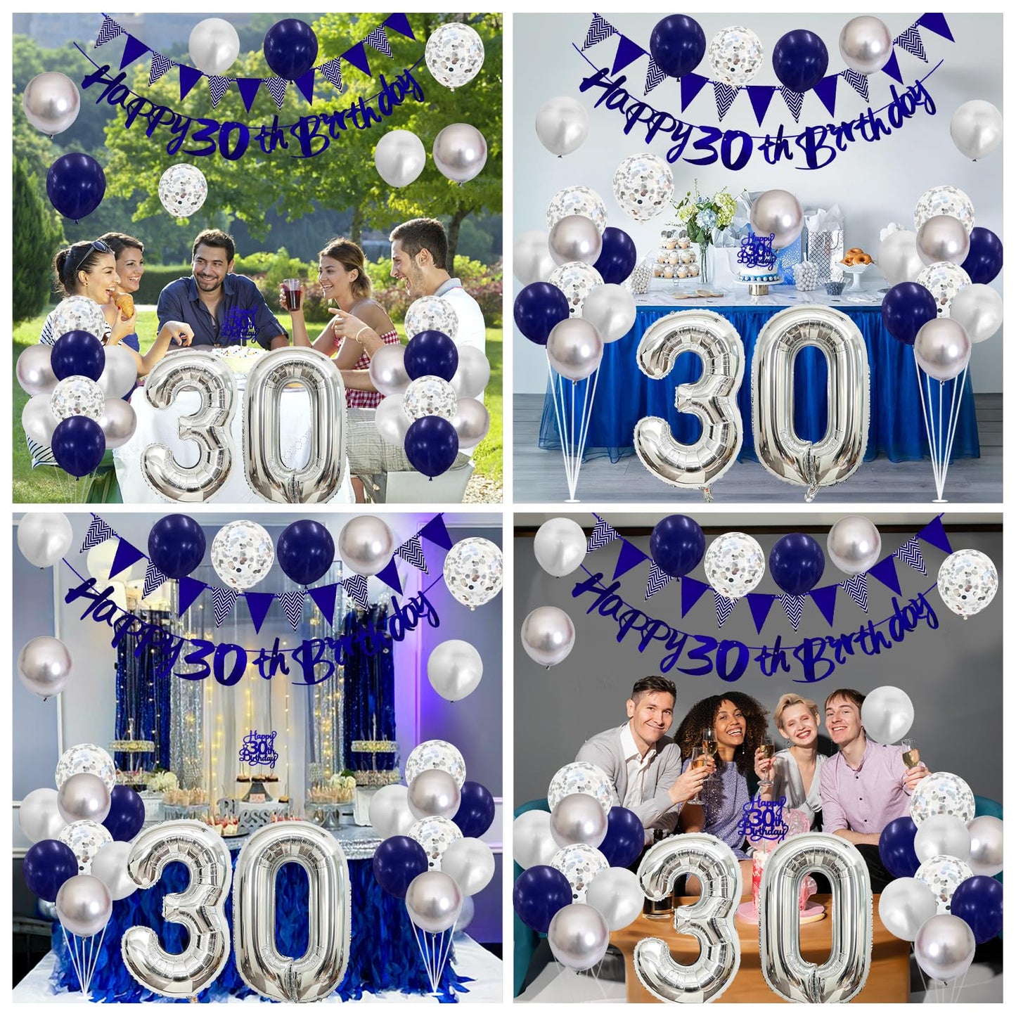 30Th Birthday Decorations For Men, Navy Blue Silver 30Th Birthday Balloons With Blue Happy 30Th Birthday Banner 30 Birthday Cake