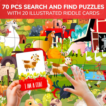 Quokka Search And Find Puzzles For Kids Ages 4-6 - Riddle Kids Puzzles 6-8 Years Old - 70 Unique Pcs | 20 Illustrated Guessing Cards | Engaging Children Themes - Farm Puzzle Gift For Toddlers 3-5