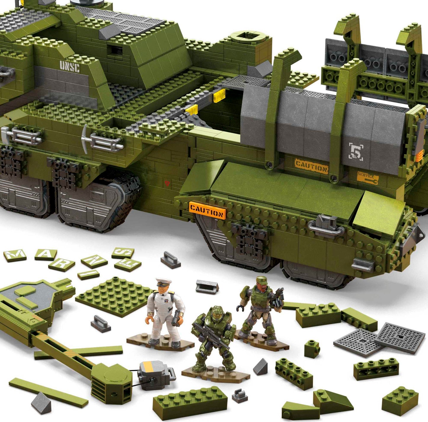 Mega Halo Infinite Building Toys Set, Unsc Elephant Sandnest Tank With 2041 Pieces, 5 Poseable Articulation Micro Action Figures, Green, Kids And Fans