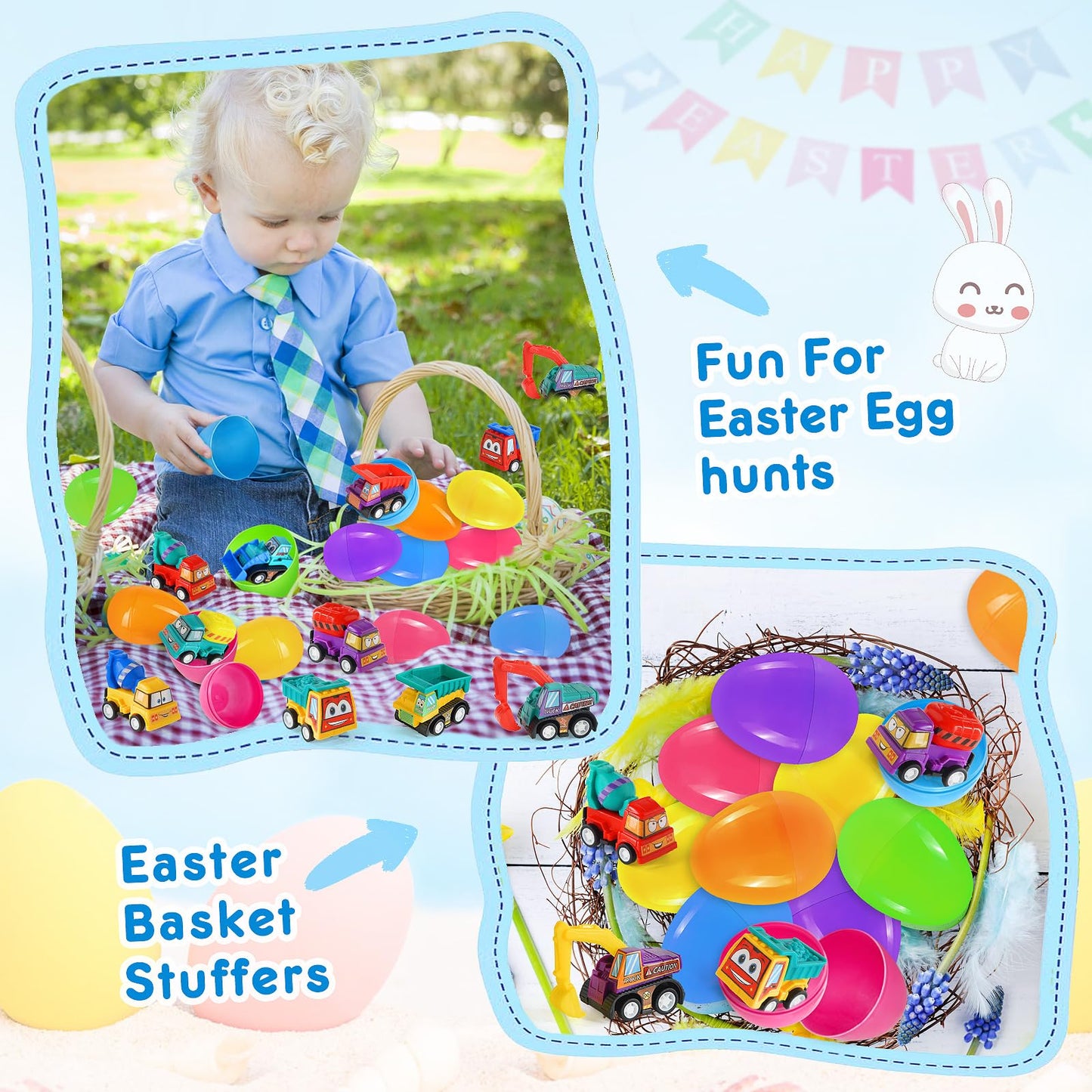 Duchong Prefilled Easter Eggs with Cars Toys for Easter Eggs Hunt,12 Packs 2.8 Plastic Eggs with Pull-Back Construction Vehicles