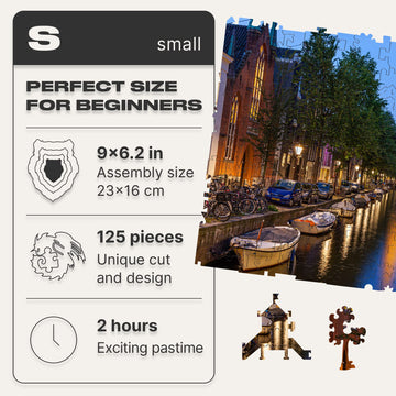 Unidragon Original Wooden Jigsaw Puzzles - City Evening Amsterdam, 125 Pcs, Small 9'X6.2', Beautiful Gift Package, Unique Shape Best Gift For Adults And Kids