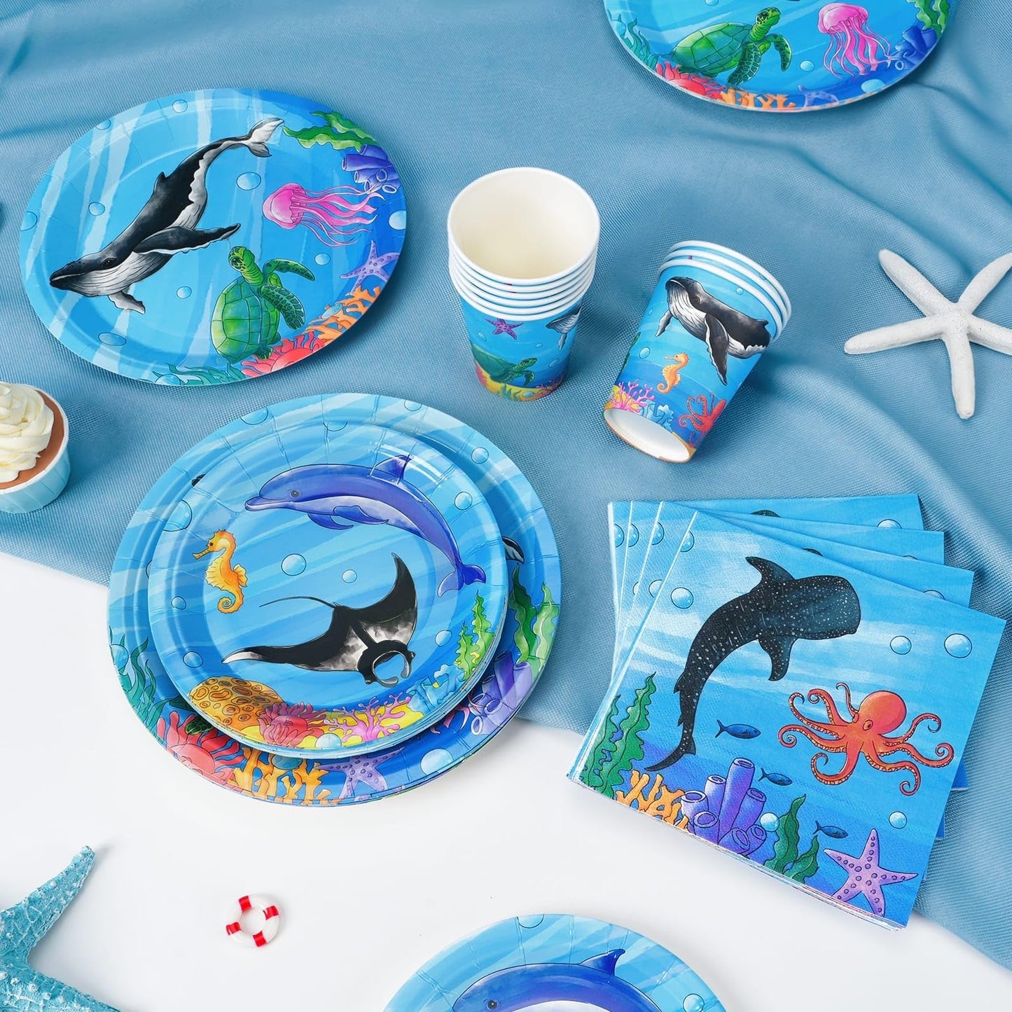 Wernnsai Ocean Party Supplies Set - 88 Pcs Under The Sea Party Tableware Set Ocean Themed Party Plates Napkins Tablecloth For 16 Guests Underwater Whale Party Decorations Birthday Baby Shwer Favors