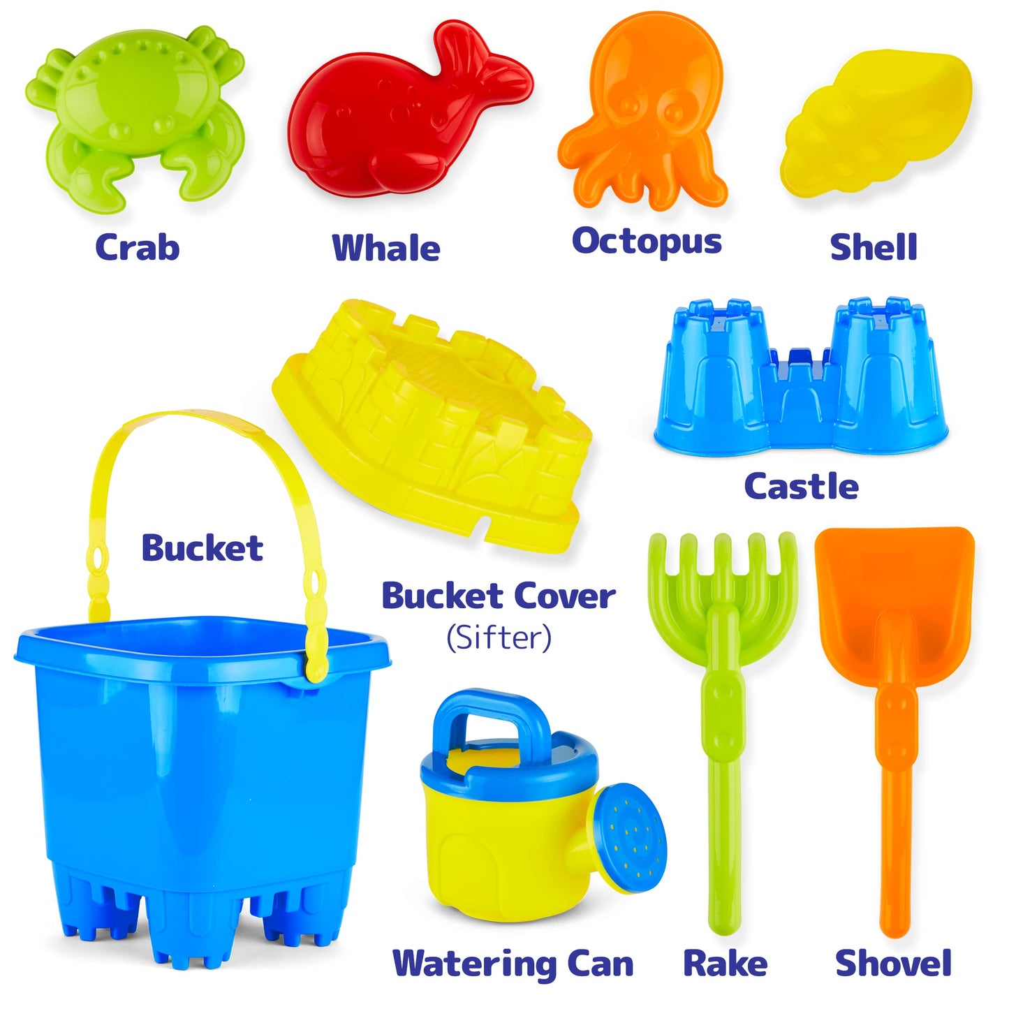 PREXTEX 10 Piece Beach Sand Toys Set for Kids - Bucket with Sifter, Shovel, Rake, Watering Can, 5 Animal and Castle Sand Molds f