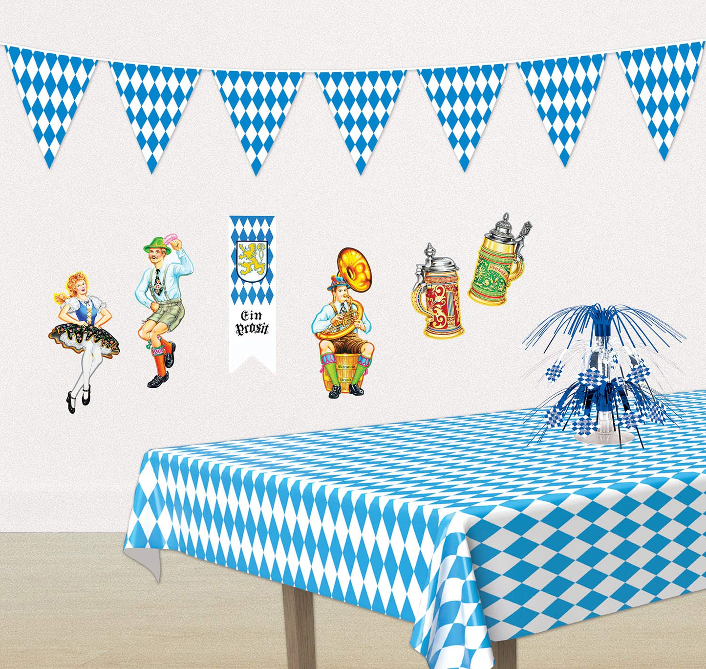 Beistle Plastic Oktoberfest Bavarian Pennant Banner for German Theme Party Supplies, 11 x 12, Blue/White