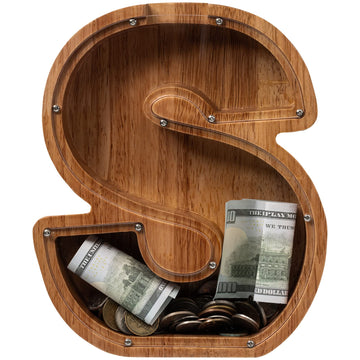 ladenk Large Wooden Kids Letter Piggy Bank - Piggy Bank for Boys Girls - Alphabet Money Bank with Initial S - Coin Bank for Birt