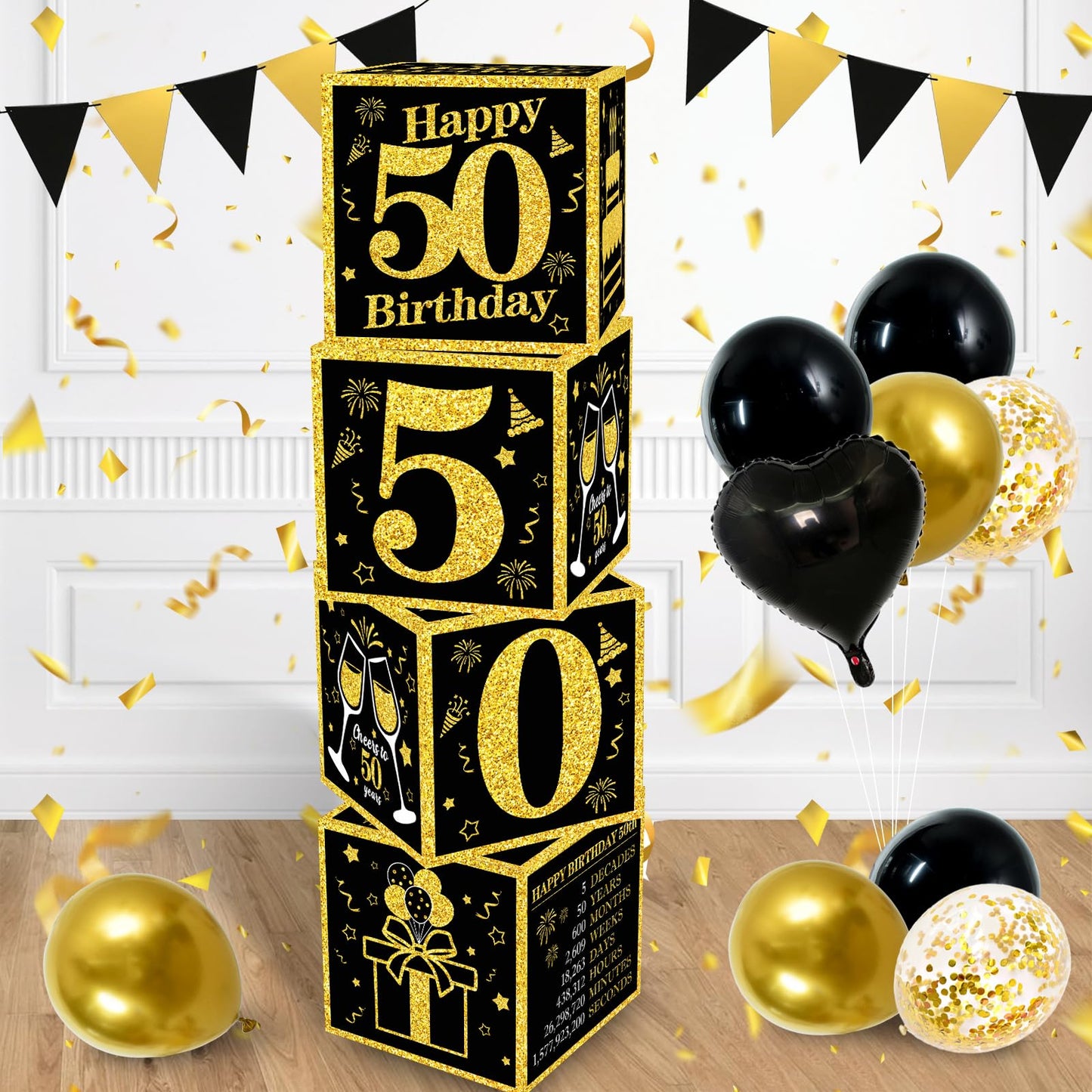 Toniful 4 Pcs 50Th Birthday Decorations Boxes For Men Women,Fifty Years Old Birthday Cardboard Box Party Supplies,Black And Gold