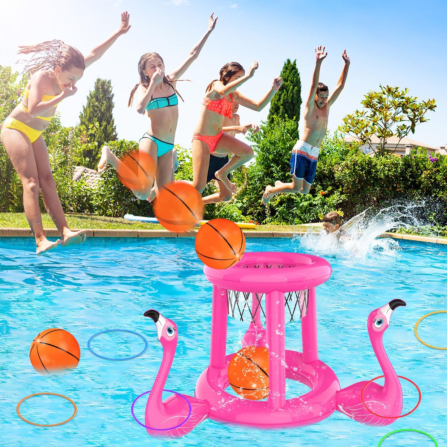 Pool Toys Pool Floats Pool Games for Kids mature-themed Inflatable Pool Basketball Hoop & Ring Toss Game 2-in-1 Pool Floating Outdoor Party Water Toy for mature-themeds Family Kids Ages 4-8-12 (Pink-1)