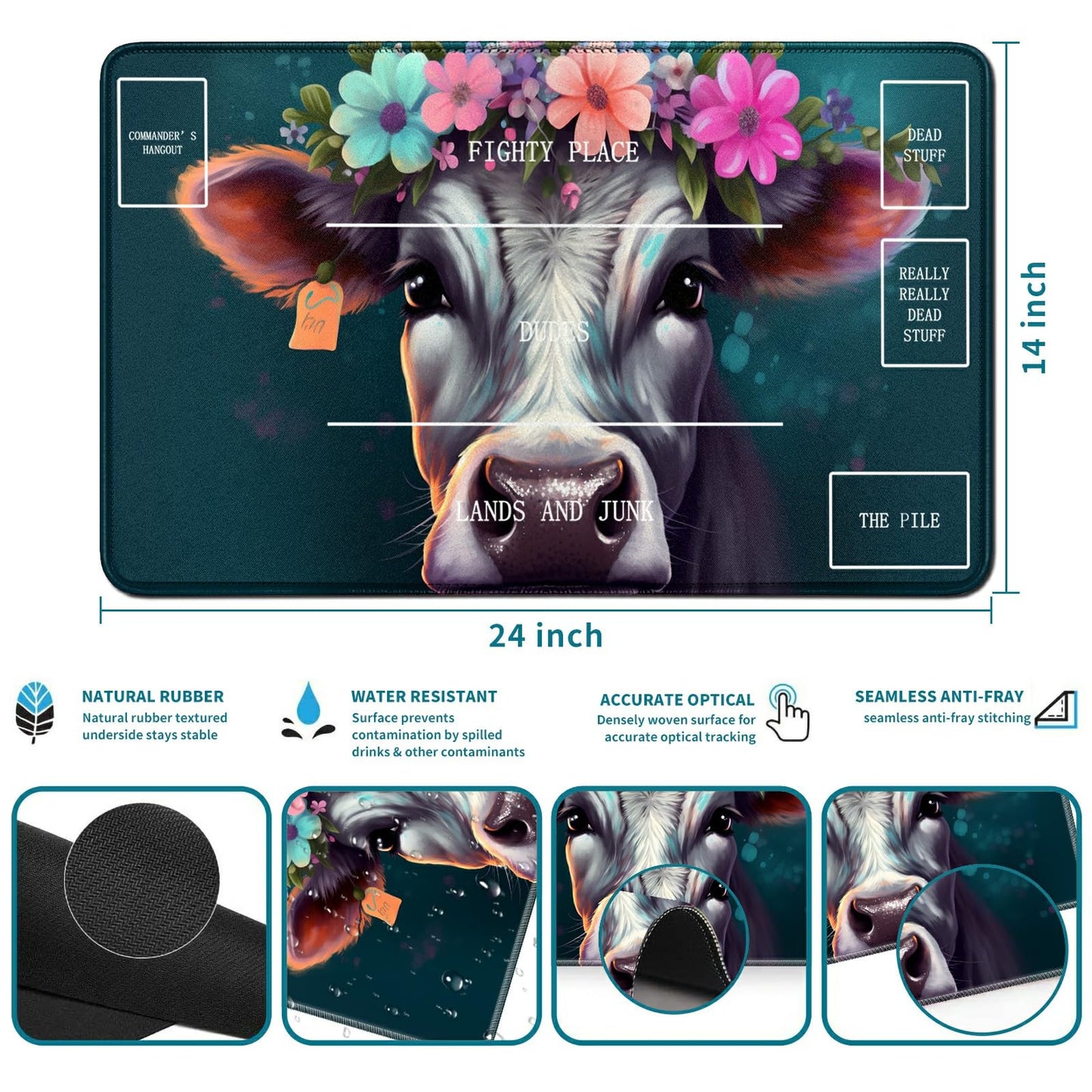 RWUTYTIUL Flower Cow Card Playmat 24 X 14 Inch with Tube Bag, Card Gameplay Mat with Zones Commander Deck Board MTG RPG CCG TCG