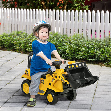 Homcom Ride On Excavator Pull Cart, Kids Bulldozer Ride On Truck With Horn, Under Seat Storage, Sit And Scoot Pretend Play Toy Construction Car For Ages 18-48 Months
