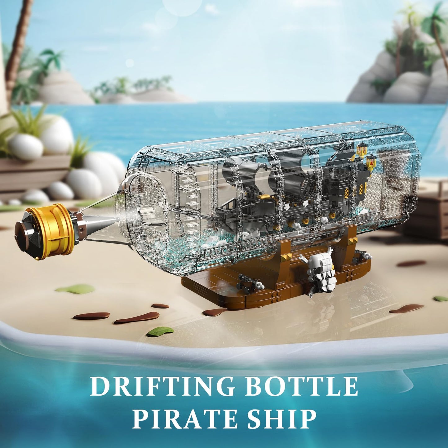 Mould King 10065 Drift Bottle Pirate Ship Building Blocks Set, 2206 Pieces, Large Black Plastic Model with Display Stand