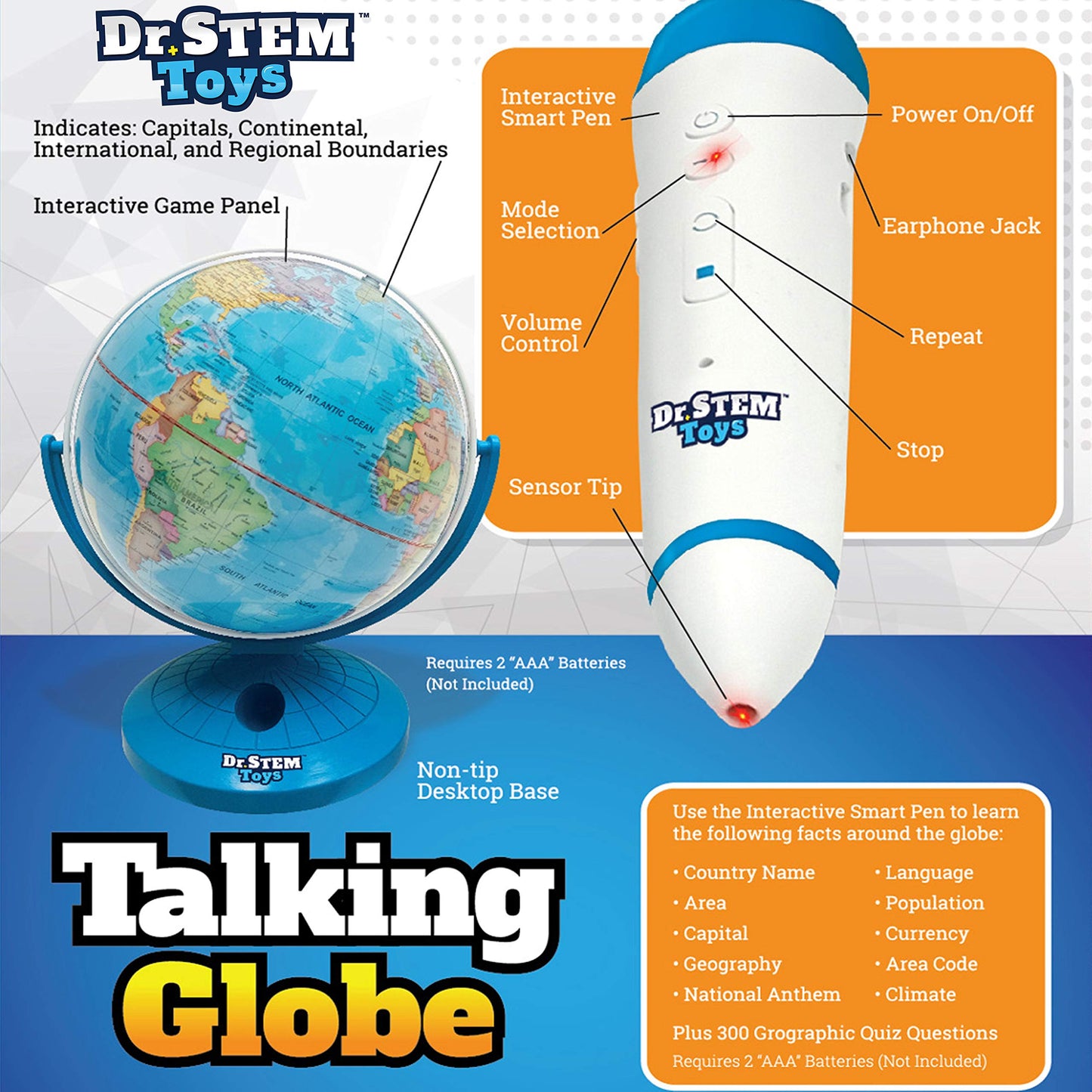 Dr. Stem Toys Talking World Globe With Interactive Stylus Pen And Stand, Colorful Map For Early Learning And Teaching - Includes