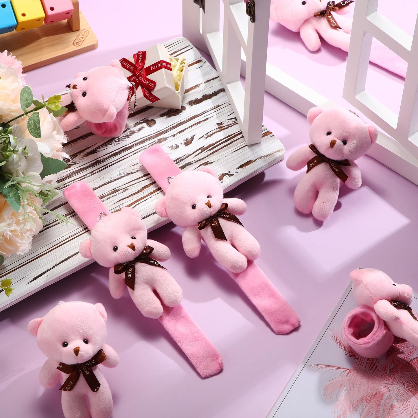 Ceenna 16 Pcs Valentine's Day Stuffed Bear Animal Slap Bracelets Plush Bear Slap Bracelets 8.66 Inch Pink Adorable Bear Slap Wri